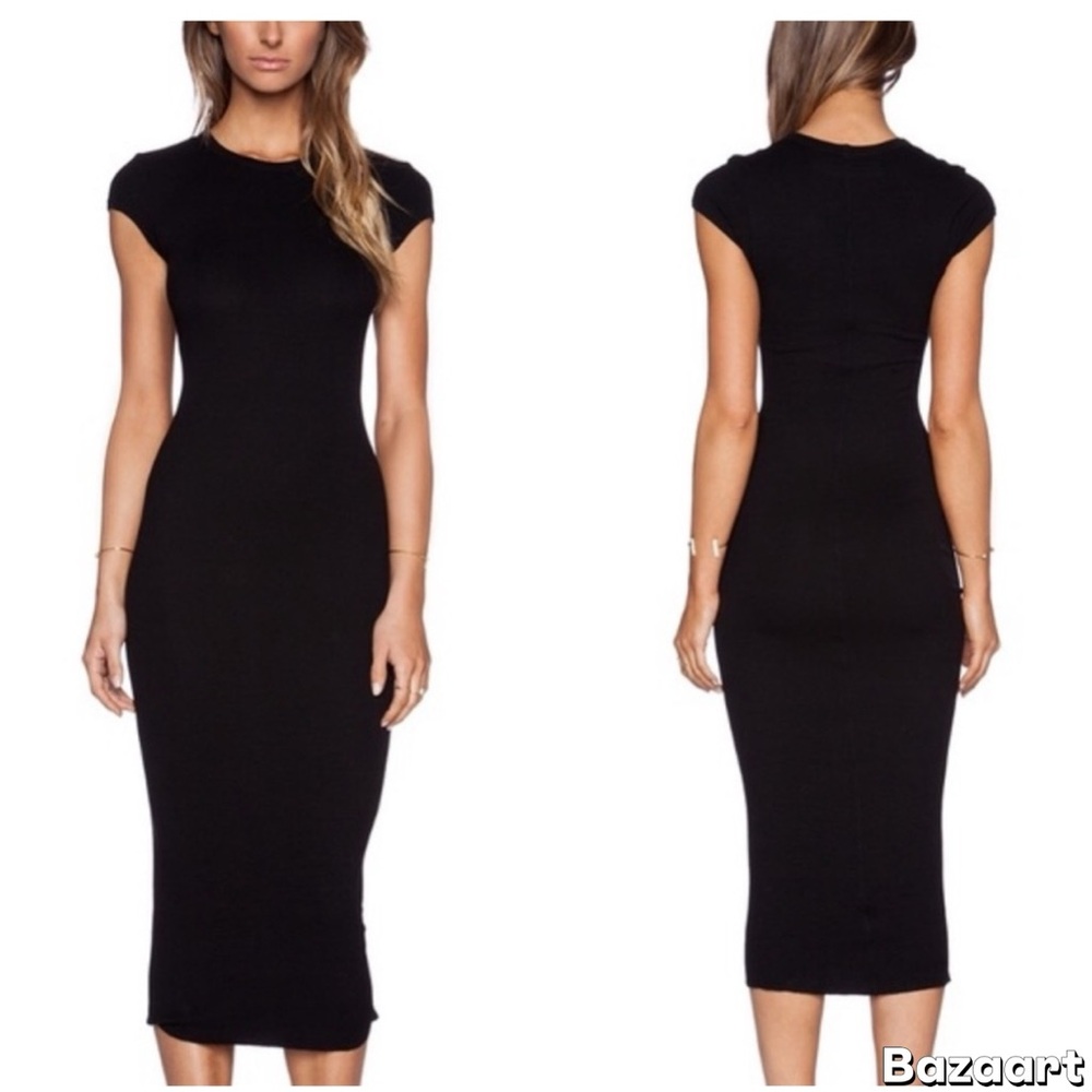 ENZA COSTA Black Silk Blend Ribbed cap sleeve Midi Dress